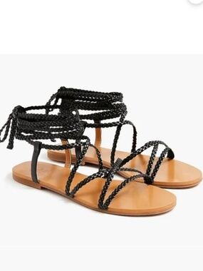 J.Crew Braided Ankle Wrap Sandals Black Leather Lace Up Gladiator Size 9 NIB
